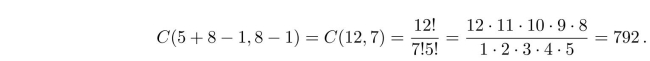 The number of different ways to choose five doughnuts from eight different varieties equals the number of 5-combinations with repetition allowed from a set with 8 elements. This equals