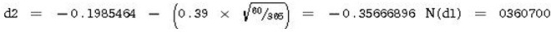 A stock is priced at $33.25. The stock has call options with an exercise price of $35 that expire in 60 days. The underlying stock price volatility is 39 percent per year and the annual risk-free rate is 4.5 percent. According to the Black-Scholes option pricing model,what is the most you should be willing to pay for this call option?        Using the Normsdist function in Excel to find N(dx) C0 = ($33.25 × 0.42131)- [$35e−0.045(60/365)× 0.3607]= $1.4781 or $147.81 per contract 