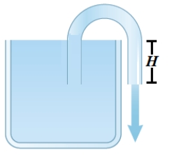 A fluid is drawn up through a tube as shown in the figure.If the height difference from the top of the tank to the bottom of the siphon is H = 1.40 m,then what is the outflow speed? Assume the pressure is the same at the top of the tank and at the siphon outlet.   ​ A) 3.70 m/s B) 27.4 m/s C) 5.24 m/s D) 6.86 m/s