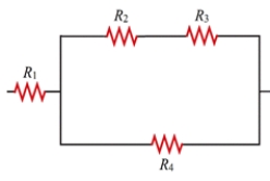 Resistors of values R<sub>1</sub> = 6.00 Ω,R<sub>2</sub> = 4.00 Ω,R<sub>3</sub> = 10.0 Ω,and R<sub>4</sub> = 7.00 Ω are combined as shown.What is the equivalent resistance for this combination?   A) 2.30 Ω B) 3.00 Ω C) 10.7 Ω D) 27.0 Ω