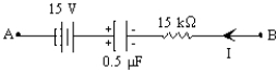 In the circuit segment shown if I = 7 mA and Q = 50 µC,what is the potential difference,V<sub>A</sub> - V<sub>B</sub>?   A) −40 V B) +40 V C) +20 V D) -20 V