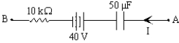 If I = 2.0 mA and the potential difference,V<sub>A</sub> - V<sub>B</sub> = +30 V in the circuit segment shown,determine the charge and polarity of the capacitor.   A) 1.5 mC,left plate is positive B) 1.5 mC,right plate is positive C) 0.45 mC,left plate is positive D) 0.45 mC,right plate is positive