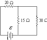 If ε = 9.0 V,what is the current in the 15-Ω resistor?   A) 0.20 A B) 0.30 A C) 0.10 A D) 0.26 A