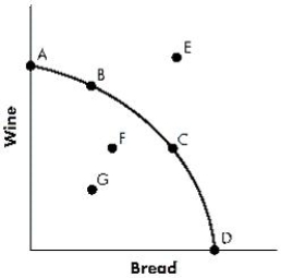 Figure 2-1 shows the production possibilities curve of an economy that produces bread and wine. A movement from Point B to Point C:Figure 2-1   A) involves sacrificing bread in order to produce a greater quantity of wine. B) involves sacrificing wine in order to produce a greater quantity of bread. C) involves no sacrifice, as the opportunity cost of production is zero everywhere along the production possibilities curve. D) will increase the level of unemployment in the economy. E) will decrease the level of unemployment in the economy.