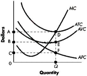 The figure below shows the various cost curves. Based on the figure, the area BEQO at OQ output level represents _____.Figure 6-4   A) total fixed cost B) total variable cost C) average fixed cost D) average total cost E) marginal cost