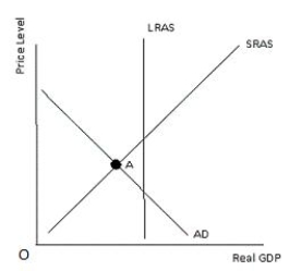Figure 13-5 shows the short-run macroeconomic equilibrium of an economy at Point A. In the figure, Point A suggests that:Figure 13-5   A) the real value of currency in the economy is lower than its nominal value. B) the economy is operating with a recessionary gap. C) the economy is operating at long-run equilibrium. D) the government should increase the level of taxes in the economy. E) the government should decrease its budget.
