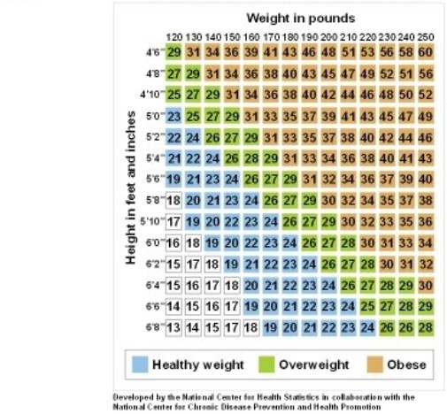 <strong> Evangeline is 5'4 and weighs 200 pounds, giving her a BMI score of 34. According to the BMI chart, she is</strong> A)underweight. B)a healthy weight. C)overweight. D)obese.