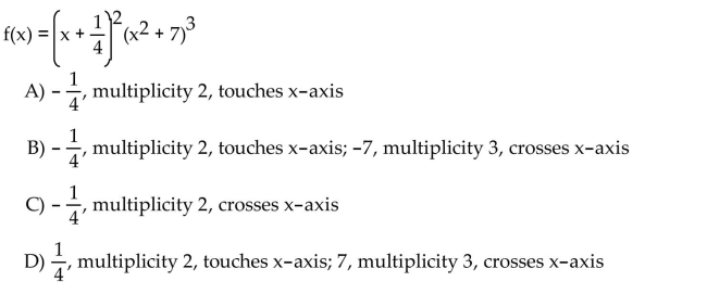 For the polynomial, list each real zero and its multiplicity. Determine whether the graph crosses or touches the x-axis at each x -intercept.