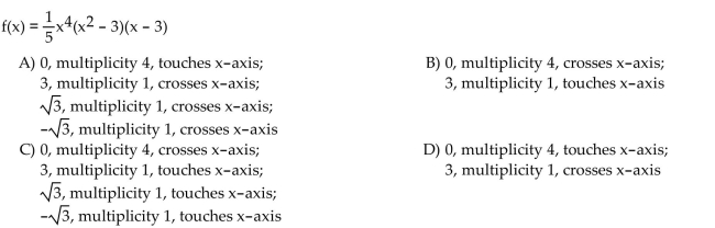 For the polynomial, list each real zero and its multiplicity. Determine whether the graph crosses or touches the x-axis at each x -intercept.