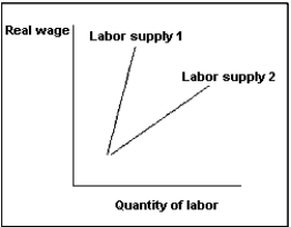 Studies have shown that the labor supply of women is more sensitive to changes in the real wage than the labor supply of men. The figure below shows two different labor supply curves (labeled Labor supply 1 and Labor supply 2), one for women and one for men. Which of these two labor supply curves best illustrates the labor supply of women? Why?   