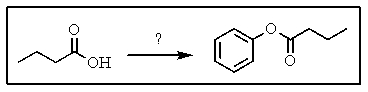 Which set of reagents will effect the following transformation?   A)  benzoic acid / H<sub>3</sub>O<sup>+</sup> B)    C)  MCPBA D)  butanoic acid / H<sub>3</sub>O<sup>+</sup> E)  CH<sub>3</sub>CH<sub>2</sub>OH / H<sub>3</sub>O<sup>+</sup>