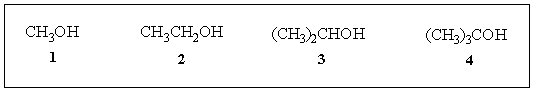 Rank the following alcohols in order of decreasing acidity in solution.   A)  1 > 2 > 3 > 4 B)  2 > 1 > 3 > 4 C)  4 > 3 > 2 > 1 D)  4 > 3 > 1 > 2 E)  1 > 3 > 2 > 4