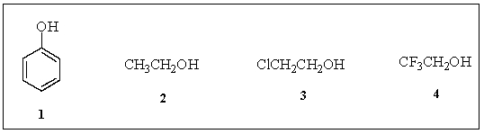 Rank the following organic compounds in order of increasing acidity.   A)  1 < 4 < 3 < 2 B)  1 < 3 < 4 < 2 C)  2 < 1 < 3 < 4 D)  2 < 3 < 4 < 1 E)  1 < 4 < 2 < 3