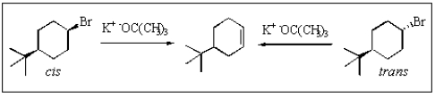 Which would be true of the following reactions?   A)  cis would react faster B)  trans would react faster C)  cis and trans would react at the same rates D)  no reaction is expected under these conditions E)  the product shown would not be formed