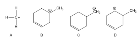Rank the following carbocations according to their increasing stability.   A)  A<B<C<D B)  A<C<B<D C)  C<A<B<D D)  A<C<D<B E)  None of the above.