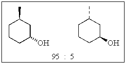 A particular reaction produces the following two alcohols in a ratio of 95:5.   The enantiomeric excess (% ee) is: A)  100 B)  95 C)  90 D)  85 E)  None of the above.