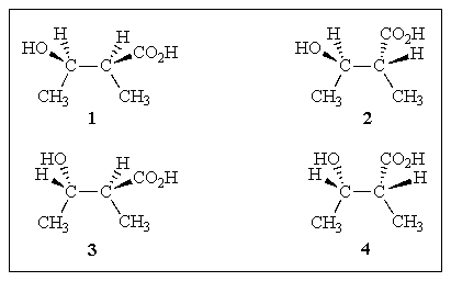 Which of the structures below are pairs of enantiomers?   A)  (1+2) and (3+4)  B)  (1+4) and (2+3)  C)  (1+3) and (2+4)  D)  All of the above. E)  None of the above.