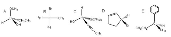 Label the following carbons as either (R) or (S) .   A)  A = R,B = R,C = R,D = R,E = R B)  A = S,B = S,C = S,D = S,E = S C)  A = S,B = R,C = S,D = S,E = S D)  A = S,B = S,C = R,D = S,E = S E)  A = S,B = S,C = S,D = R,E = S