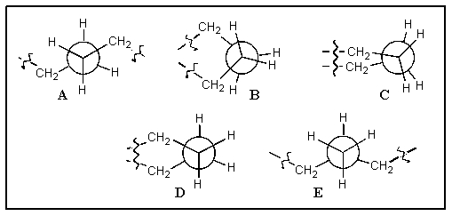 Which of the following correctly shows the Newman projection along a C-C bond in cyclohexane? (the squiggles indicate where the rest of the ring is attached)    A)  A B)  B C)  C D)  D E)  E