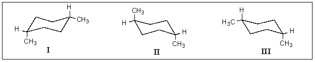 Which of the following structures represent cis-1,4-dimethylcyclohexane?   A)  I & II B)  I & III C)  II & III D)  All of the above. E)  None of the above.