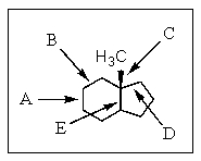 Which of the carbon-carbon bonds indicated would be the weakest?   A)  A B)  B C)  C D)  D E)  E