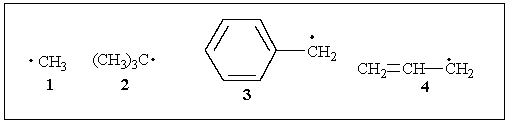 Rank the following radicals in decreasing order of stability.   A)  3 > 4 > 2 > 1 B)  3 > 2 > 4 > 1 C)  2 > 3 > 4 > 1 D)  2 > 4 > 3 > 1 E)  1 > 2 > 3 > 4