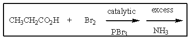 Why is the following not a good two step route for the preparation of pure L-alanine?   A)  The bromination is not selective (the CH<sub>3</sub> and CH<sub>2</sub> groups are both brominated) . B)  Ammonia is not sufficiently nucleophillic to react with a secondary bromide. C)  Only the CH<sub>3</sub> group is brominated. D)  The product will be racemic. E)  Propanamide would be the major product.