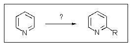 The best way to prepare a 2-alkylpyridine from pyridine would be what?   A)  Electrophilic substitution B)  Free-radical substitution C)  Nucleophilic substitution D)  An S<sub>N</sub>2 reaction E)  None of the above are correct.