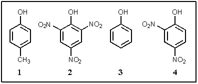 What would be the proper ranking of the following in order of decreasing acidity (most acidic on left) ?   A)  4 > 2 > 1 > 3 B)  3 > 1 > 4 > 2 C)  2 > 4 > 1 > 3 D)  3 > 2 > 4 > 1 E)  2 > 4 > 3 > 1