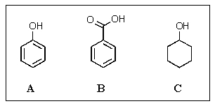 What would be the proper ranking of the following in order of decreasing acidity (most acidic on left) ?   A)  A > B > C B)  B > C > A C)  A > C > B D)  B > A > C E)  C > B > A