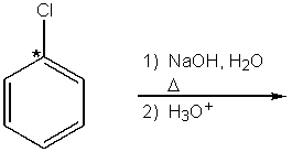 <strong>Starting with the labeled chlorobenzene (label indicated by *),what is the product of the following nucleophilic aromatic substitution reaction?  </strong> A)   B)   C)   D)   E) structures B and C <div style=padding-top: 35px> 