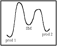 What statement is true of the following energy diagram?   A)  For irreversible reactions,product 1 will dominate. B)  For reversible reactions,product 2 will dominate at equilibrium. C)  For reversible reactions,equal amounts of 1 and 2 will be formed. D)  For irreversible reactions,equal amounts of 1 and 2 will be formed. E)  None of the above are true.