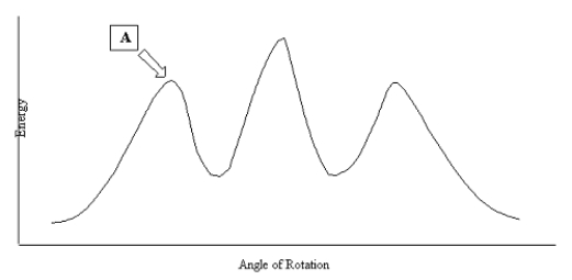Consider the potential energy diagram for rotation about the C2-C3 bond in pentane.The position marked  A  most likely corresponds to which of the following Newman projections?   A)    B)    C)    D)    E)   