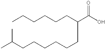 What is the IUPAC name of the following compound?   A)  2-hexyl-9-methyldecanoic acid B)  2-isononyloctanoic acid C)  1-methyl-9-carboxypentadecane D)  2-hexyldecanoic acid E)  14-methyl-7-carboxypentadecane