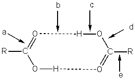 In the carboxylic acid dimer (below) ,which bond(s) has a strength of about 6-8 kcal/mol?   A)  Bond a B)  Bond b C)  Bond c D)  Bond d E)  Bond e