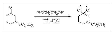 Why is the reaction of the type shown below usually done?   A)  To make the <font face= symbol ></font> hydrogens more acidic B)  To protect a ketone or aldehyde carbonyl C)  To make the molecule more reactive D)  To make an aldehyde or ketone less water soluble E)  To increase the oxygen content
