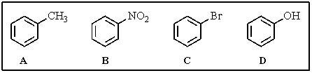 Rank the following aromatics in order of decreasing reactivity toward electrophilic aromatic substitution (most reactive > least reactive) .   A)  A > C > D > B B)  D > C > A > B C)  B > C > A > D D)  D > A > C > B E)  C > A > D > B