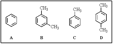 Rank the following in order of decreasing reactivity toward nitration (more reactive > less reactive) .   A)  D > C > B > A B)  B > D > C > A C)  D > B > C > A D)  C > D > B > A E)  A > C > D > B