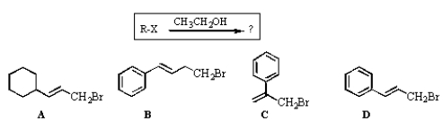 In order of decreasing reactivity,how would the bromides below rank in the following reaction?   A)  B > A > D > C B)  D > B > A > C C)  A > C > D > B D)  D > A > C > B E)  C > D > B > A