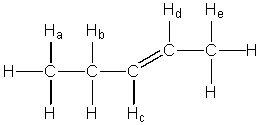 When reacted with Br<sub>2</sub> and light,which C-H bond 2-pentene will preferentially dissociate to give a radical?   A)  The C-H<sub>a</sub> bond B)  The C-H<sub>b</sub> bond C)  The C-H<sub>c</sub> bond D)  The C-H<sub>d</sub> bond E)  The C-H<sub>e</sub> bond
