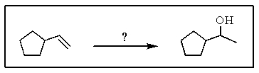 Which reagents would you expect to accomplish the following transformation?   A)  BH<sub>3</sub> then H<sub>2</sub>O<sub>2</sub>,<sup> -</sup>OH B)  Hg(O<sub>2</sub>CCH<sub>3</sub>) <sub>2</sub>, H<sub>2</sub>O then NaBH<sub>4</sub> C)  H<sub>2</sub>O,H<sup>+</sup> D)  KMnO<sub>4</sub>,H<sub>2</sub>O,cold E)  cat.OsO<sub>4</sub>,H<sub>2</sub>O<sub>2</sub>