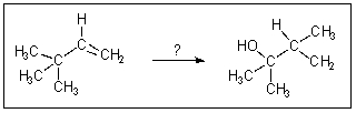 Which reagents would be appropriate for the chemical transformation shown below?   A)  H<sub>2</sub>O,H<sub>2</sub>SO<sub>4</sub> B)  BH<sub>3</sub>,then H<sub>2</sub>O<sub>2</sub>,<sup> -</sup>OH C)  Hg(OAc) <sub>2</sub>,H<sub>2</sub>O,then NaBH<sub>4</sub> D)  NaBH<sub>4</sub>,CH<sub>3</sub>OH E)  PCC