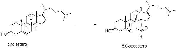 Cholesterol is a major lipid component of atherosclerotic plaques and can be present at such high concentrations that it forms a crystalline phase within a diseased artery.In addition to cholesterol,the 5,6-secosterol compound has also been isolated.5,6-secostereol has been shown to be the product of an unforeseen oxidation reaction in the body.Which one of these reagents could be used convert cholesterol to the 5,6-secosterol? (Science 2003,302,1053)    A)  K<sub>2</sub>Cr<sub>2</sub>O<sub>7</sub> B)  O<sub>3</sub> C)  (CH<sub>3</sub>) <sub>2</sub>S D)  HOOH E)  LiOH