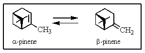 Under special reaction conditions,<font face= symbol ></font>-pinene and <font face= symbol ></font>-pinene can be in equilibrium (caused to interconvert reversibly) .Using your knowledge of alkene stability,which of the following would be true at equilibrium?   A)  The <font face= symbol ></font>-isomer will predominate. B)  The <font face= symbol ></font>-isomer will predominate. C)  The isomers would be equally favored. D)  A third isomer would predominate. E)  None of the above is true.