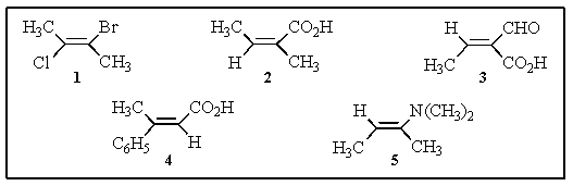 <strong>Which of the following are (E)isomers?  </strong> A) 1,3,and 5 B) 2,4,and 5 C) 1,4,and 5 D) 1,2,and 4 E) 2,3,and 4 <div style=padding-top: 35px> 