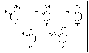 Which of the following are E isomers?   A)  III and V B)  II and IV C)  I,III,and V D)  II and III E)  I,II,and IV