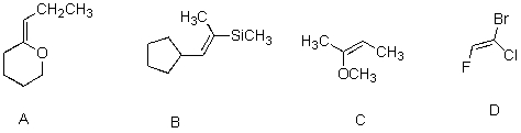 Label each of the alkenes as either E or Z.   A)  A = E,B = Z,C = E,D = Z B)  A = Z,B = E,C = Z,D = E C)  A = Z,B = E,C = Z,D = Z D)  A = E,B = E,C = E,D = E E)  None of the above.