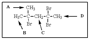 The most downfield proton NMR signal (i.e.,signal most to the left in the spectrum) in the following molecule would be   A)  A B)  B C)  C D)  D E)  there is no way to tell