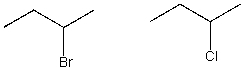 Indicate how <sup>1</sup>H NMR spectroscopy can be used to distinguish between the following sets of structures.   A)  The spin-spin splitting for the protons on the carbon next to the halogen will be different. B)  The chemical shift of the resonance for the protons on the carbon attached to the chlorine atom will be shifted downfield relative to the protons on the carbon attached to the bromine atom. C)  The chemical shift of the resonance for the protons on the carbon attached to the chlorine atom will be shifted upfield relative to the protons on the carbon attached to the bromine atom. D)  The integration of the protons on the carbon next to the halogen will be different. E)  None of the above.