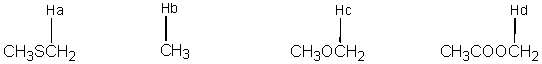 Arrange each of the following labeled hydrogens in the order of increasing chemical shift.   A)  H<sub>a</sub> < H<sub>b</sub> < H<sub>c</sub> < H<sub>d</sub> B)  H<sub>b</sub> < H<sub>c</sub> < H<sub>a</sub> < H<sub>d</sub> C)  H<sub>d</sub> < H<sub>c</sub> < H<sub>a</sub> < H<sub>b</sub> D)  H<sub>b</sub> < H<sub>a</sub> < H<sub>c</sub> < H<sub>d</sub> E)  H<sub>b</sub> < H<sub>a</sub> < H<sub>d</sub> < H<sub>c</sub>